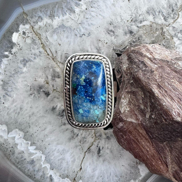 Sterling Southwestern Style Rectangle Neon Apatite Decorated Ring Sz 8 For Women - Picture 4 of 10